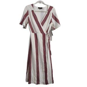 Lulus‎ Wrap Midi Dress Large Caleta Cream Red Striped Lined V-Neck NWT